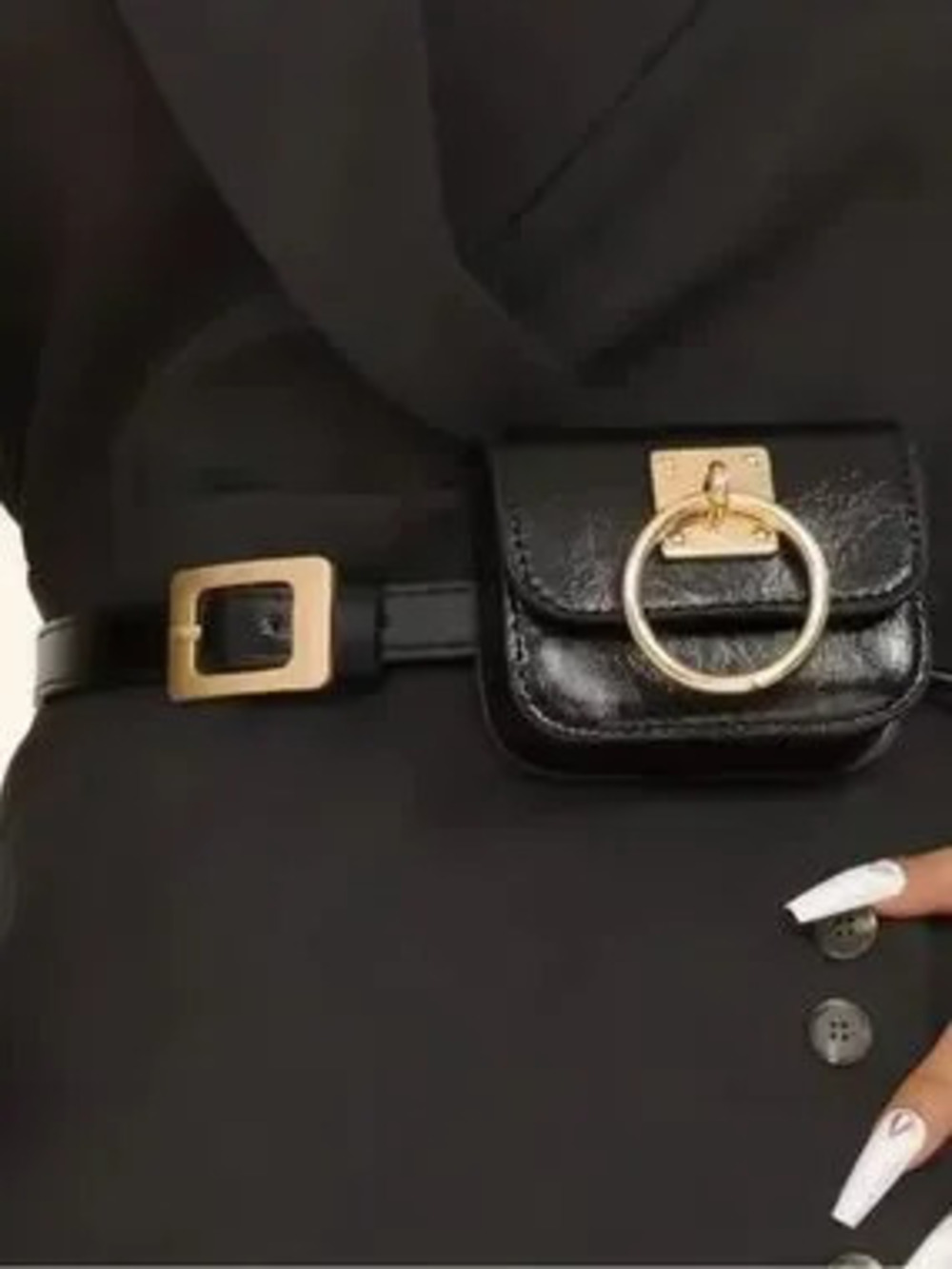 Luxury Black Leather Belt Bag with Gold Ring Hardware